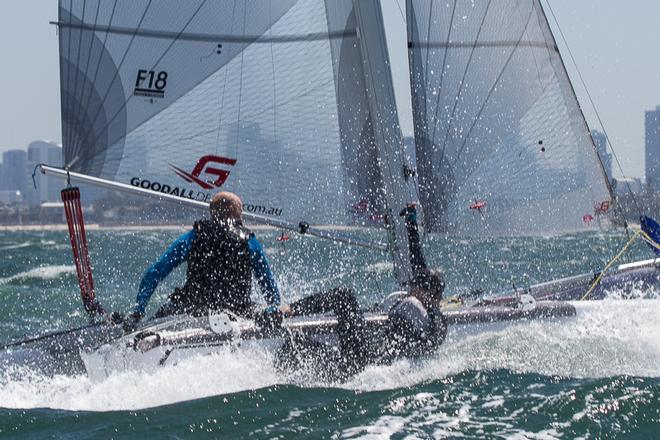 To be effective, your crew needs to have their weight right out, and the extra drag in the water certainly slows you down – Colin Kean and Ethan White. - Pinkster Gin 2017 F18 Australian Championship ©  Alex McKinnon Photography http://www.alexmckinnonphotography.com